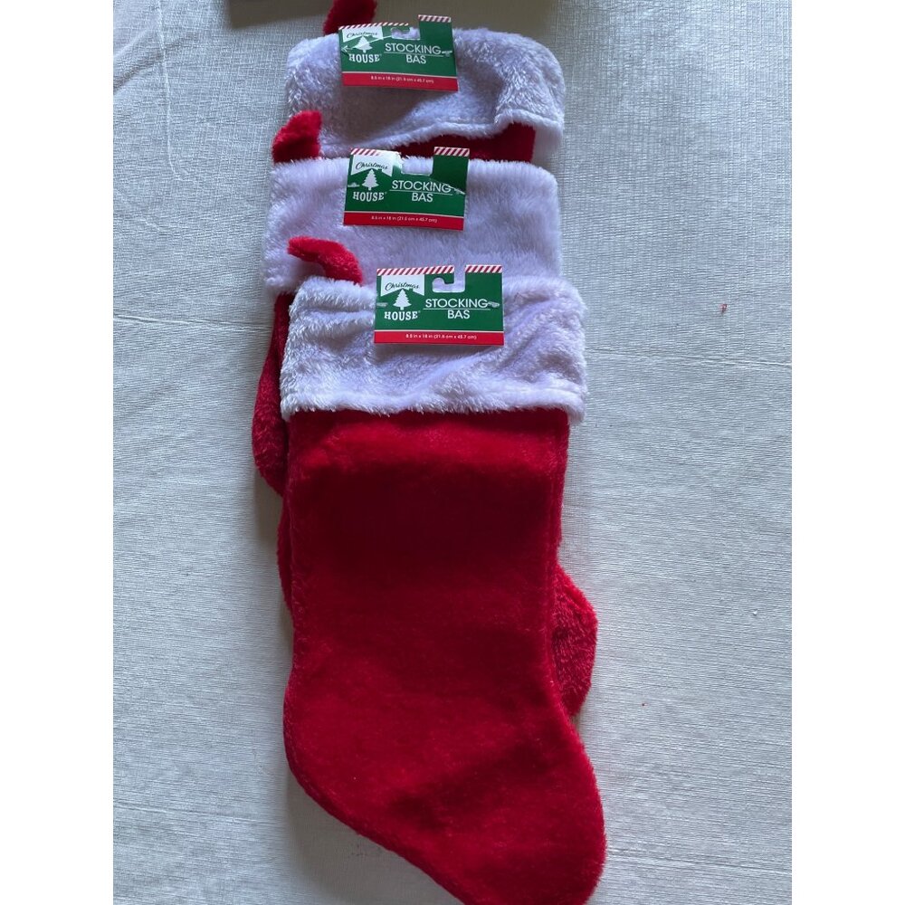 Christmas House Red & White Plush Holiday Stocking 8.5" x 18" Set of 3